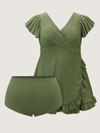 Ruffled Sleeve Curvy Hem Swim Dress