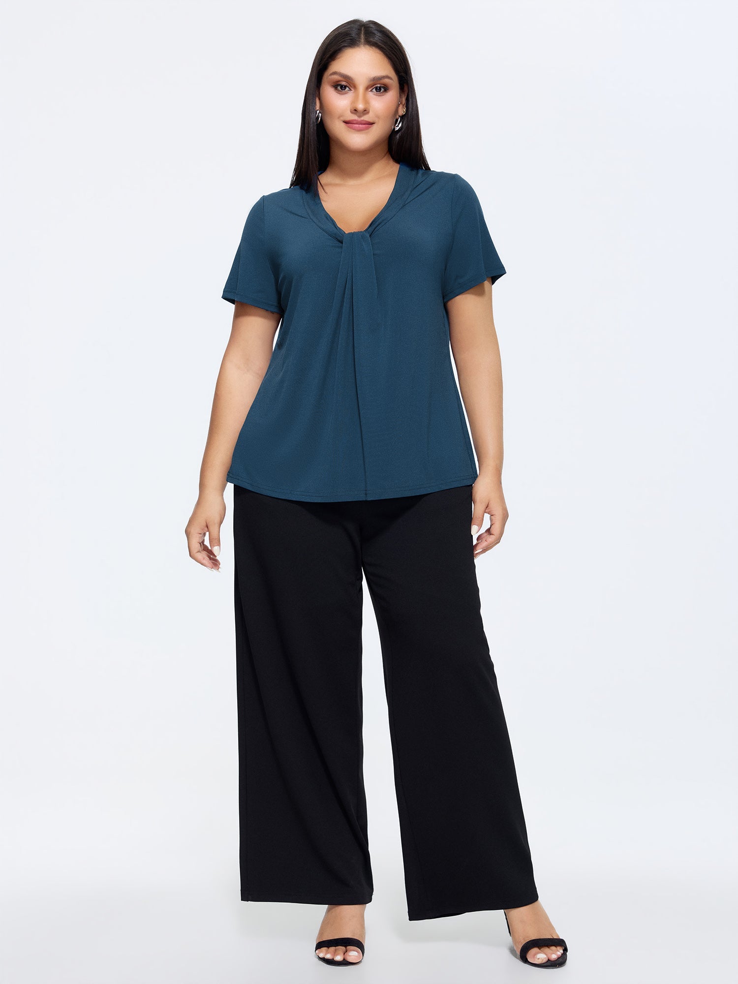 Stretchy Knotted Draped Neckline Blouse