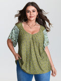 Supersoft Floral Print Flared Sleeve Pleated Knit Top