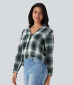 V Neck Curved Hem Plaid Casual Blouse
