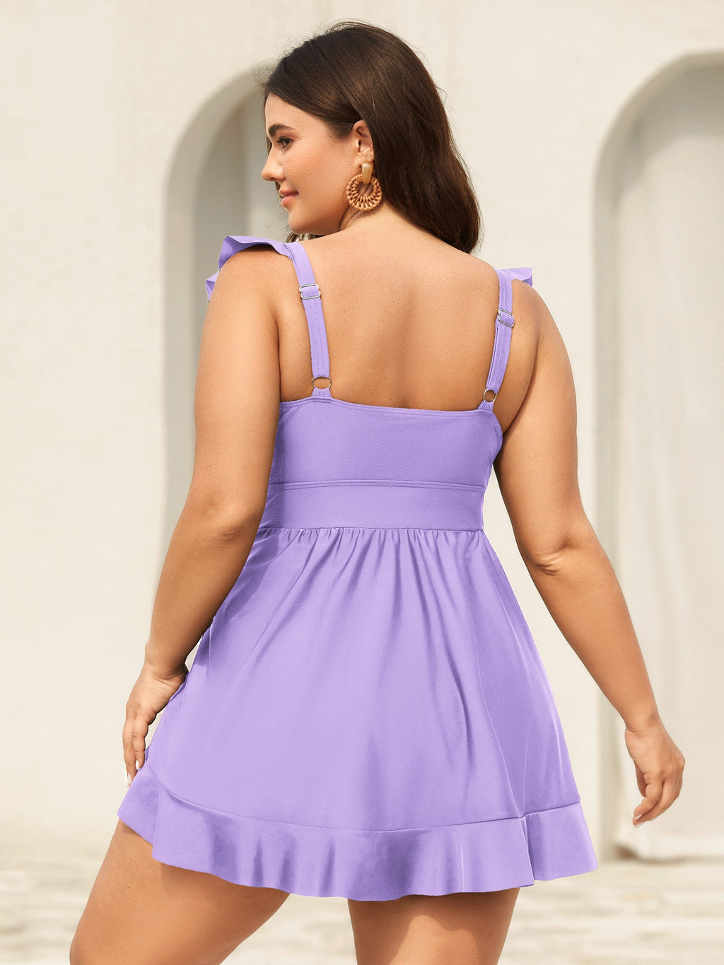 Ruffled Hem Flutter Sleeve Drawstring Swim Dress