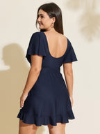 Textured V-Neck Ruffled Sleeve Swim Dress