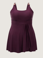 Pleated Metal Detail Curvy Hem Swim Dress