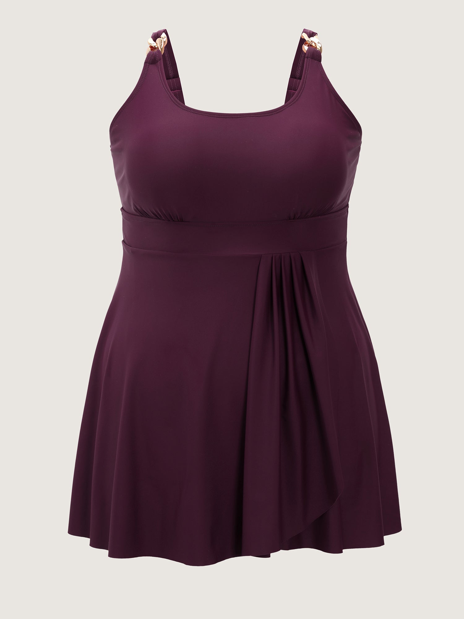 Pleated Metal Detail Curvy Hem Swim Dress