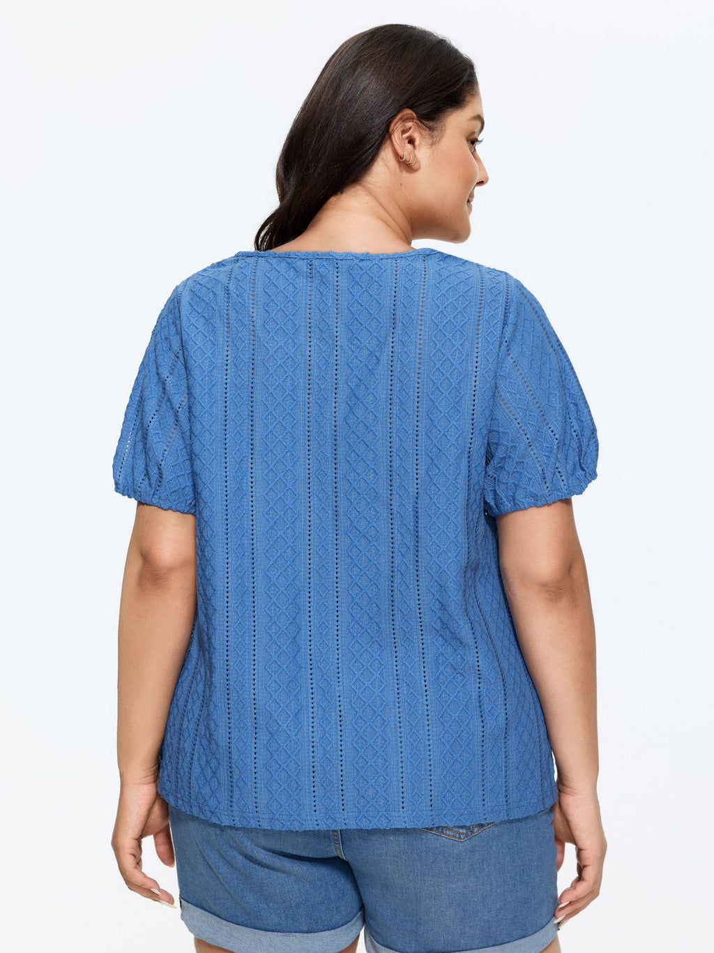 Eyelet Trim Floral Embroidered Solid T-Shirt