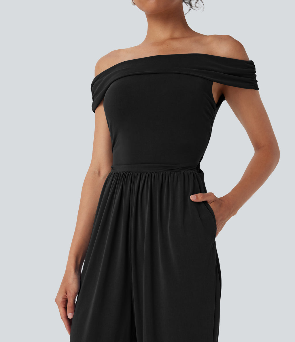 Off Shoulder Back Zipper Casual Jumpsuit with Pockets-Easy Peezy