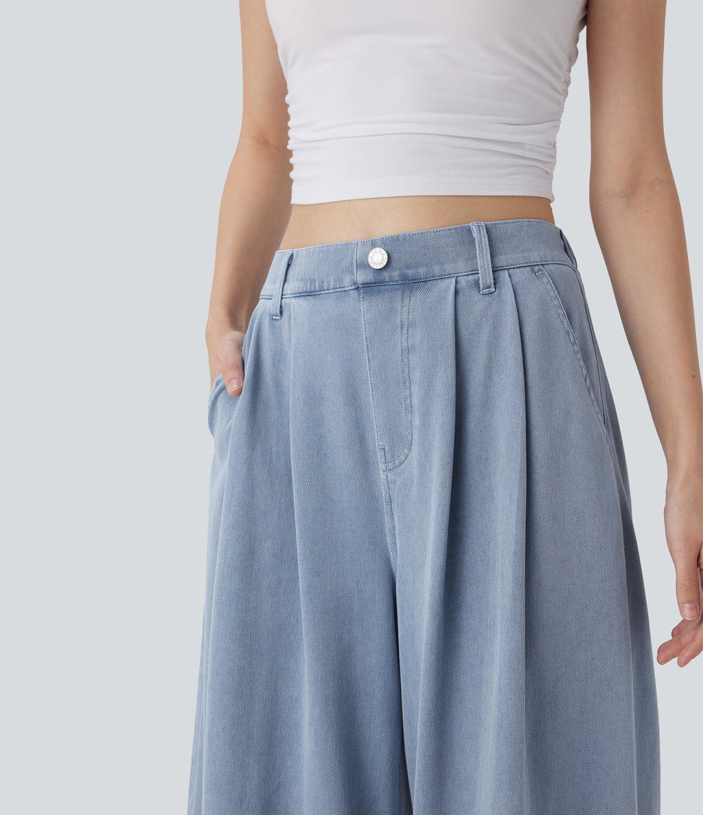 FlexTM High Waisted Wide leg Cool Touch Quick Dry Denim Casual Jeans with Pockets