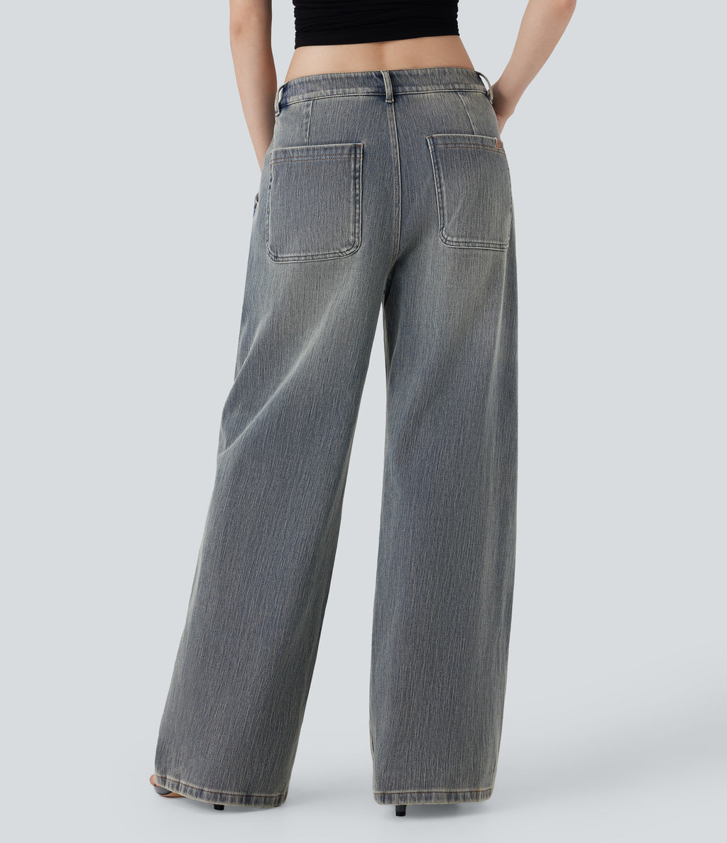 FlexTM Low Rise Wide Leg Washed Casual Jeans with Pockets