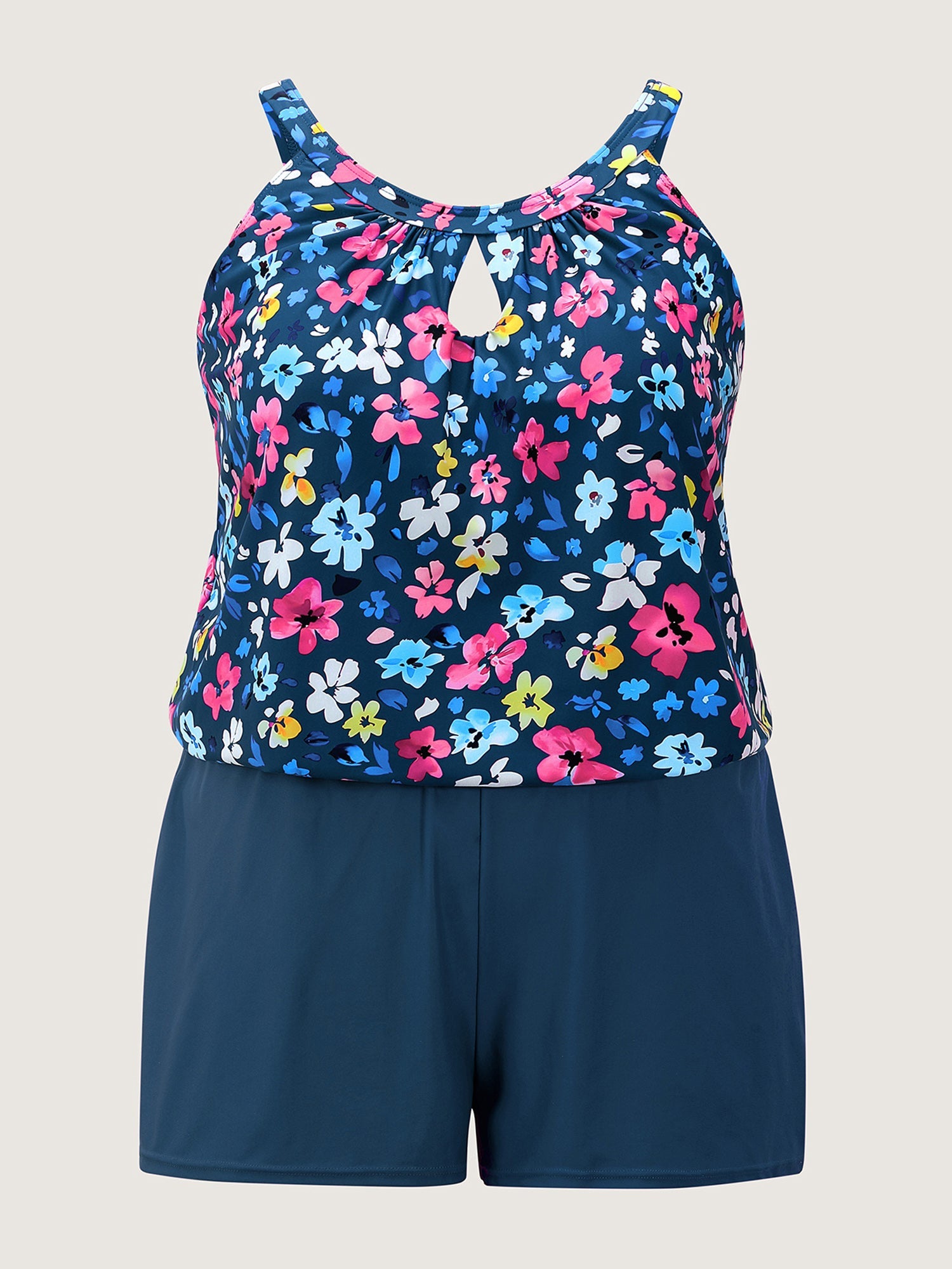 Floral Print Keyhole Pockets Swim Romper