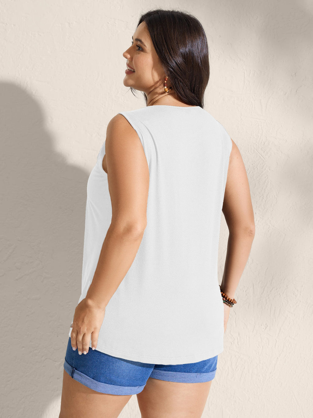 Embroidered Neckline Pleated Front Panel Tank Top