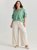3D Floral Sleeve Spliced Flowy Blouse