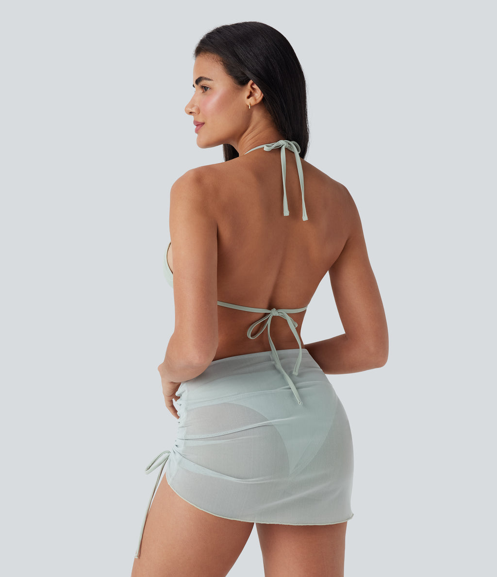 Sheer Mesh Halter Tie Back Drawstring 3-Piece Bikini Set