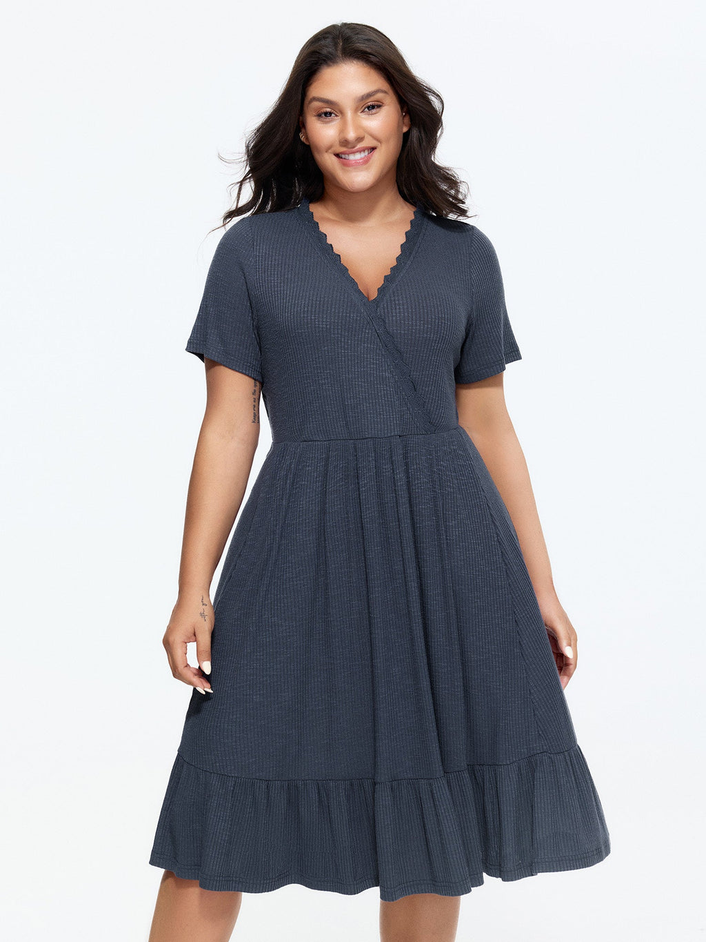 Supersoft Lace Trim Ribbed Wrap Neckline Midi Dress