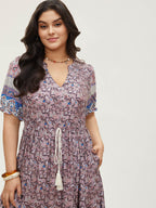 Boho Print Notched Ties Tassel Trim Dress