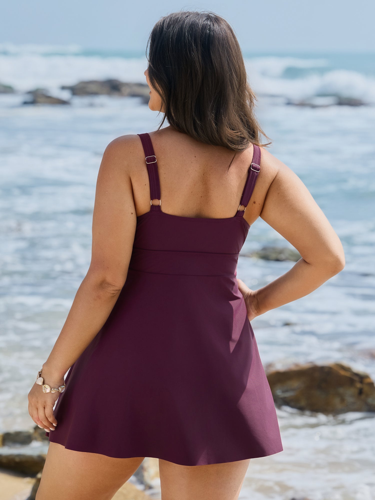 Pleated Metal Detail Curvy Hem Swim Dress