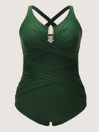 Overlap Pleated Tummy-Control One-Piece Swimsuit