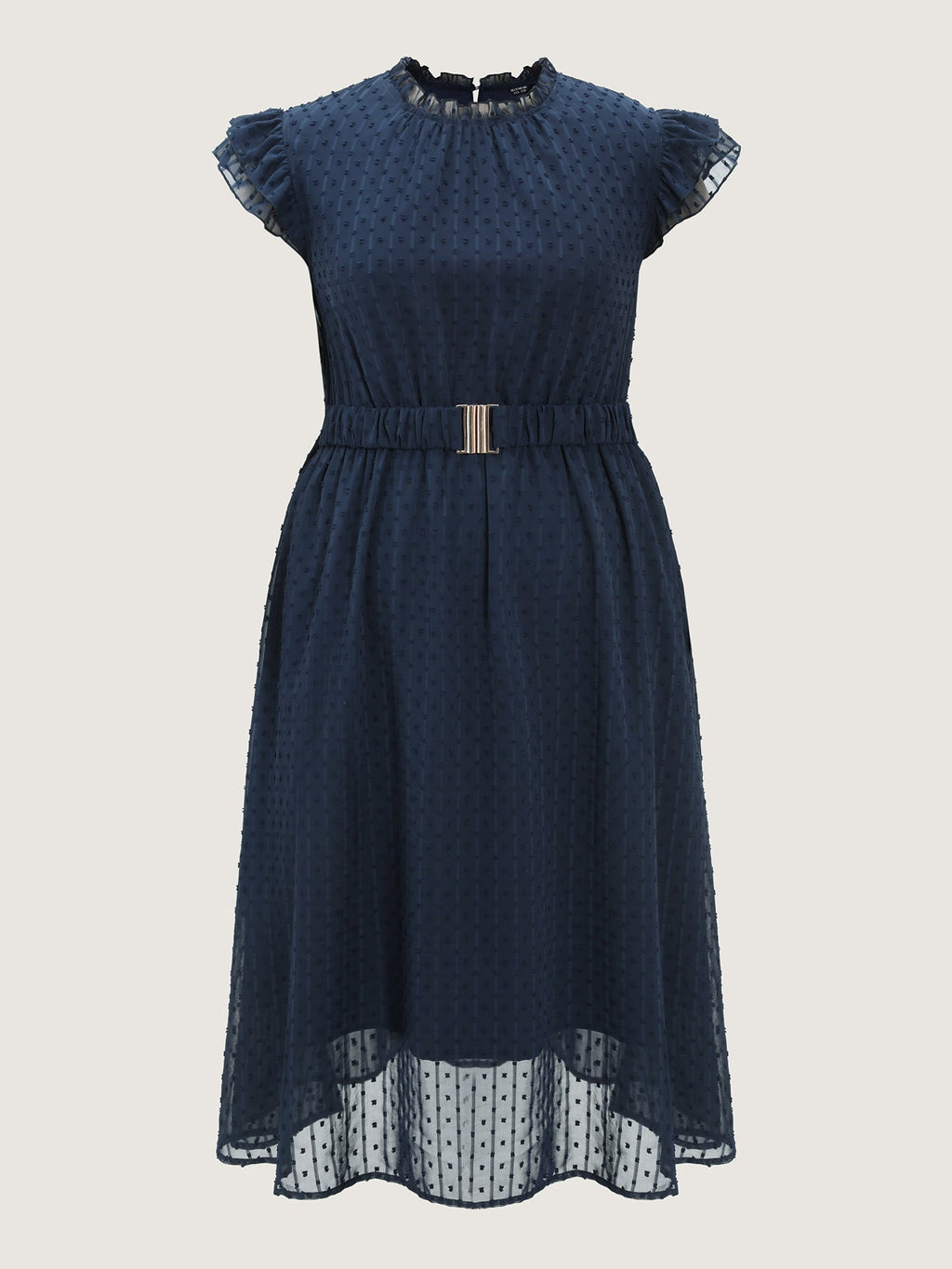 Textured Sheer Ruffled Mock Neckline Midi Dress