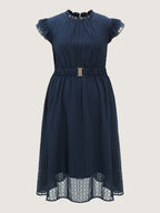Textured Sheer Ruffled Mock Neckline Midi Dress