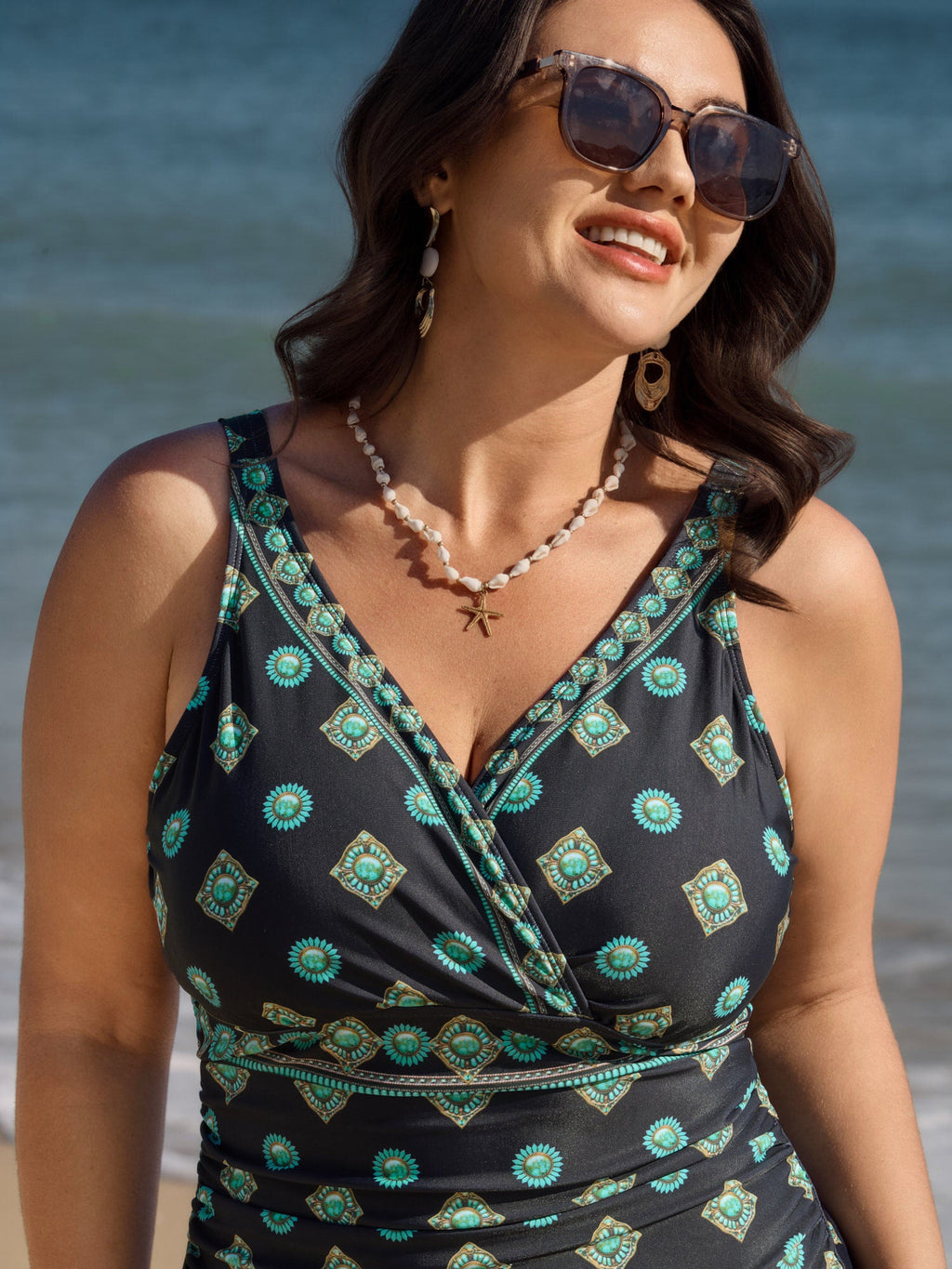 Geometric Print Pleated Tummy-Control One-Piece Swimsuit