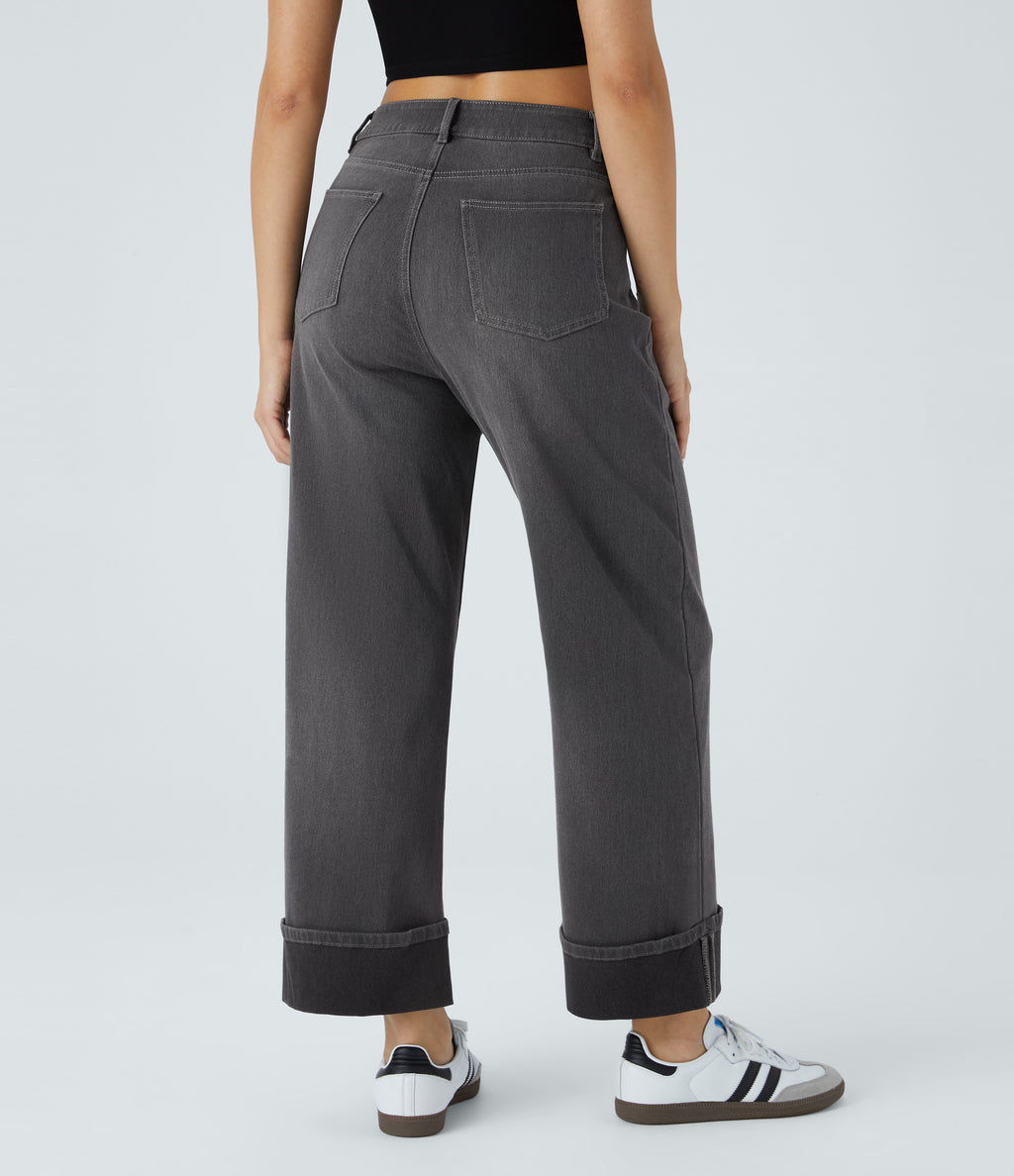 FlexTM High Waisted Multiple Pockets Rolled Hem Wide Leg Washed Stretchy Knit Casual Jeans