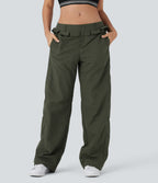 Low Rise Drawstring Ruffle Trim Dance Barrel Leg Pants with Pockets