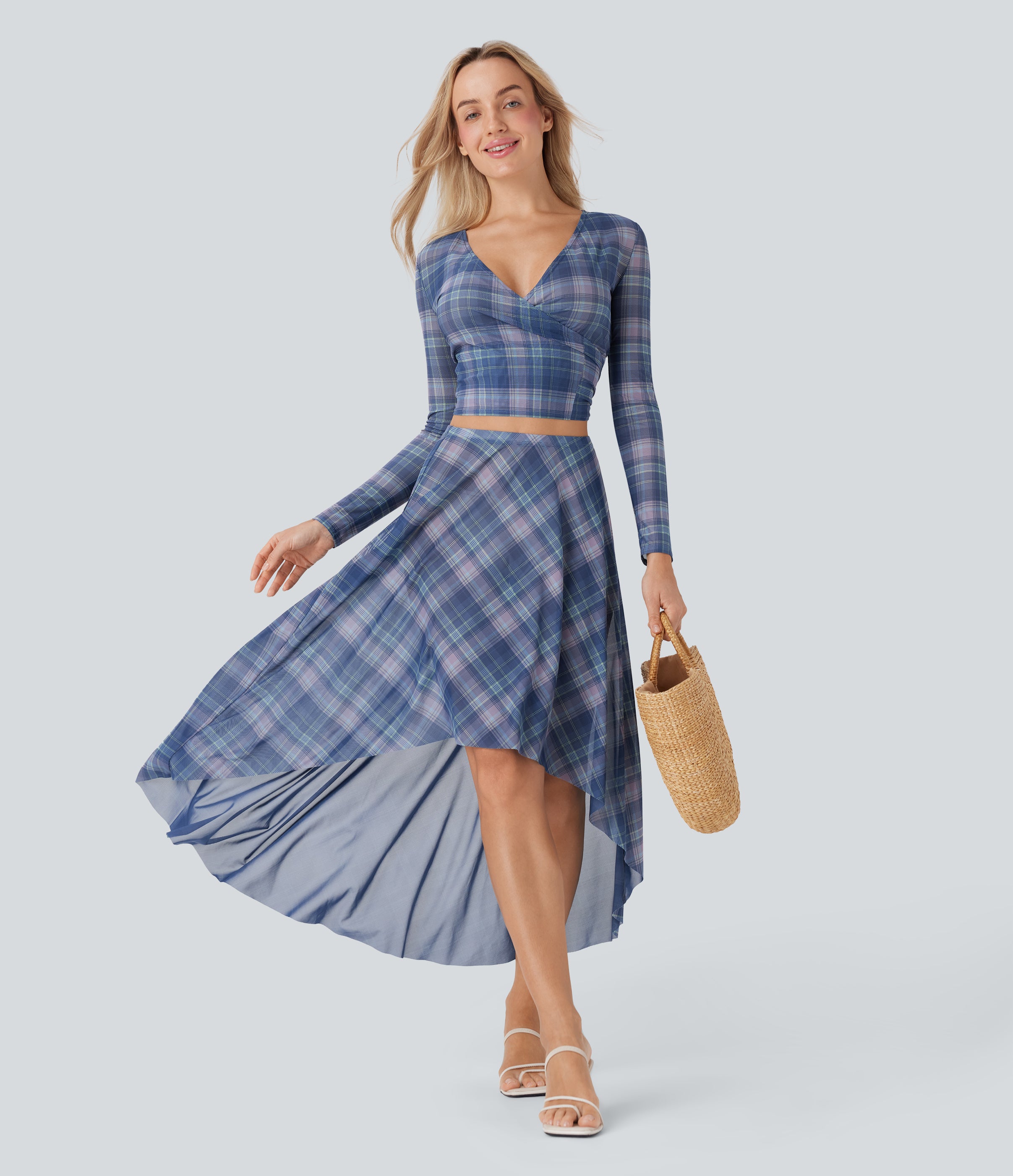 Sheer Mesh High-Waisted High-Low Plaid Maxi Flowy Skirt