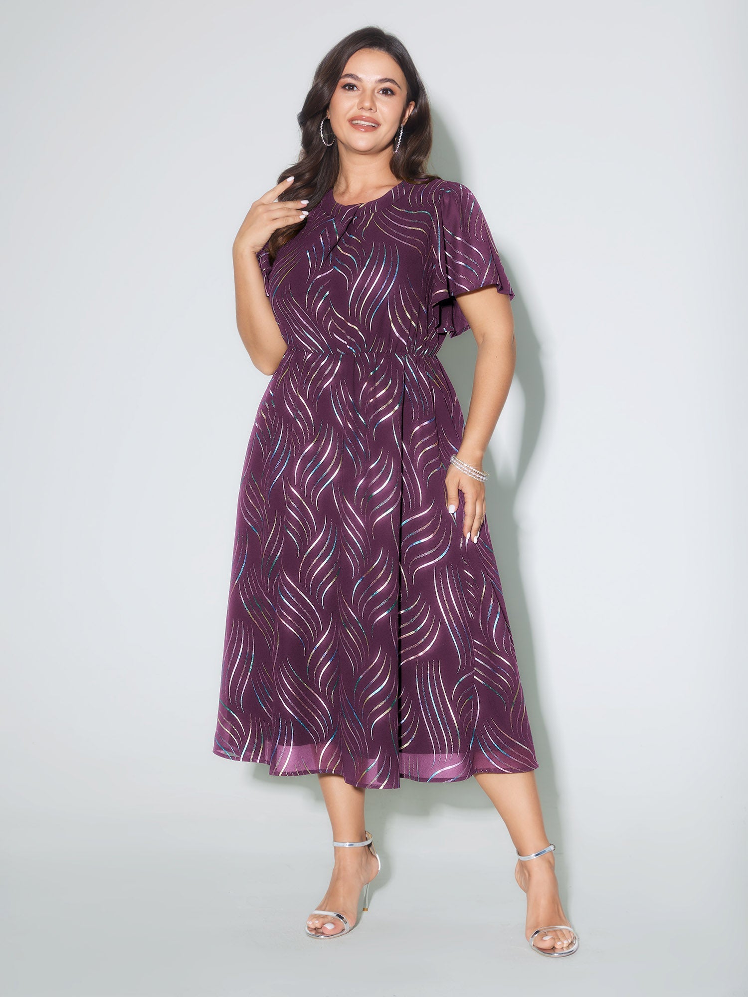 Abstract Print Twisted Neckline Midi Dress