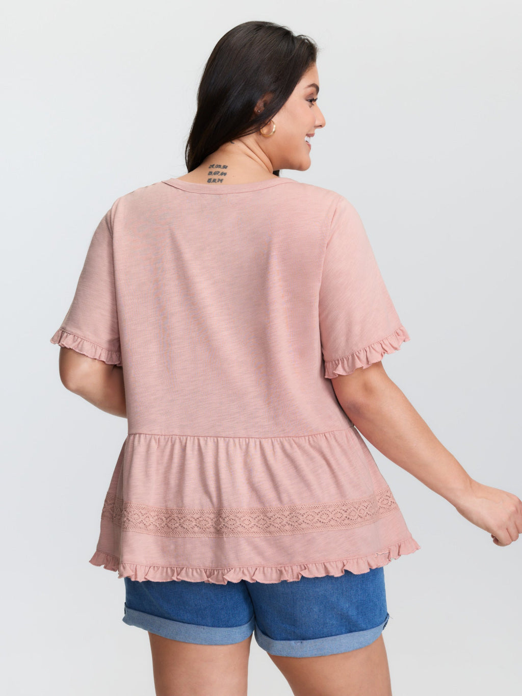 Lace Trim Ruffled Hem Plain Knit Top