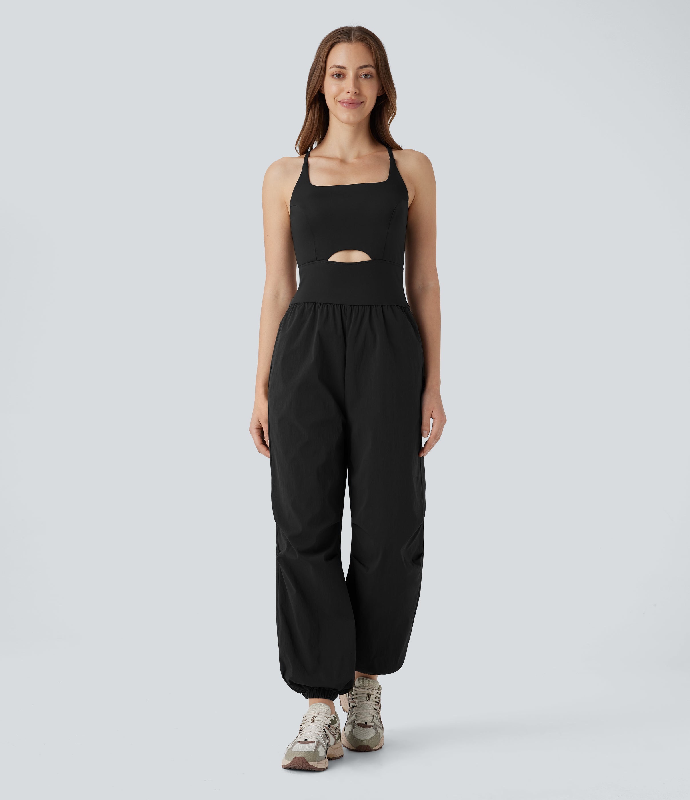 Water Repellent Crisscross Backless Side Pockets Ripstop Hiking Cargo Jumpsuit