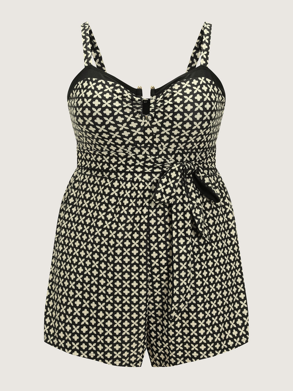 Geometric Print Waist Tie Pocket One-Piece Swimsuit