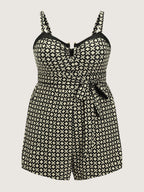Geometric Print Waist Tie Pocket One-Piece Swimsuit