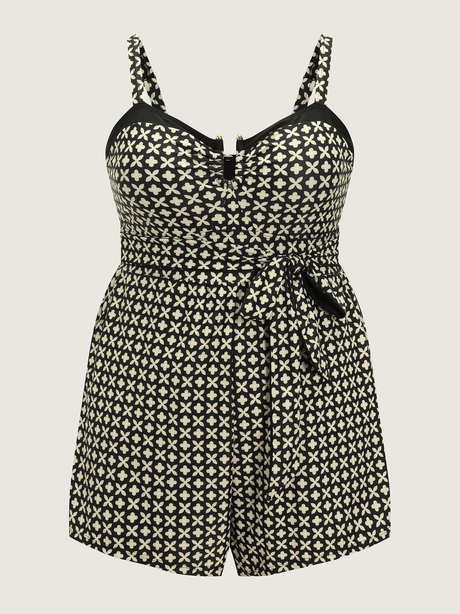 Geometric Print Waist Tie Pocket One-Piece Swimsuit
