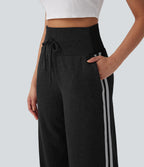 2026🔥 Ribbed SoCinched High Waisted Tummy Control Drawstring Wide Leg Color Block Casual Trousers with Pockets