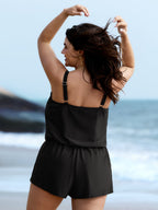 Solid Keyhole Elastic Waist Gathered One Piece Swimsuit