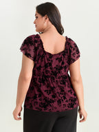 Flocked Floral Drawstring Neckline Knit Top
