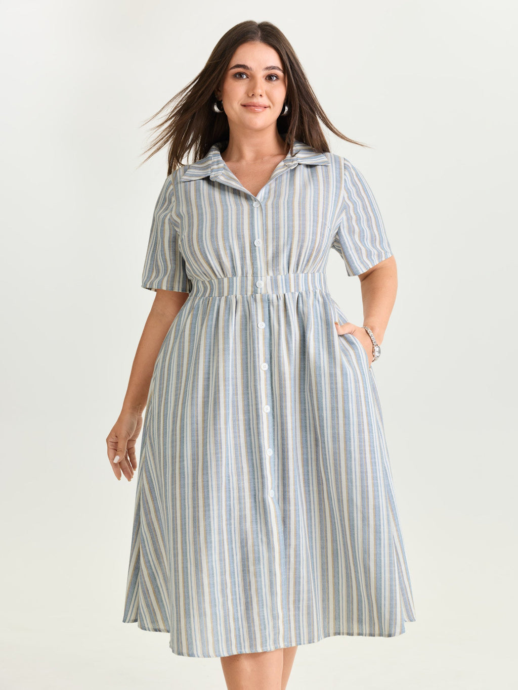 Cotton Linen Blend Striped Print Midi Dress