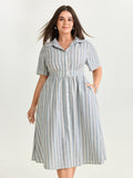 Cotton Linen Blend Striped Print Midi Dress