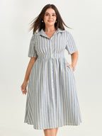 Cotton Linen Blend Striped Print Midi Dress