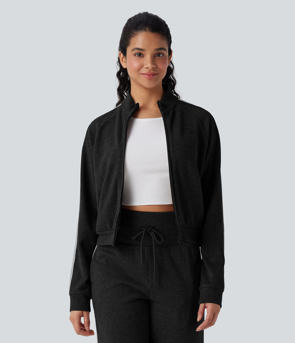 Ribbed Stand Collar Long Sleeve Zipper Color Block Casual Jacket with Pockets
