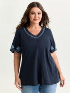 Cotton Stretchy V-Neck Floral Print T-Shirt