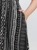 Monochrome Striped Shirred Wide-Straps Midi Dress