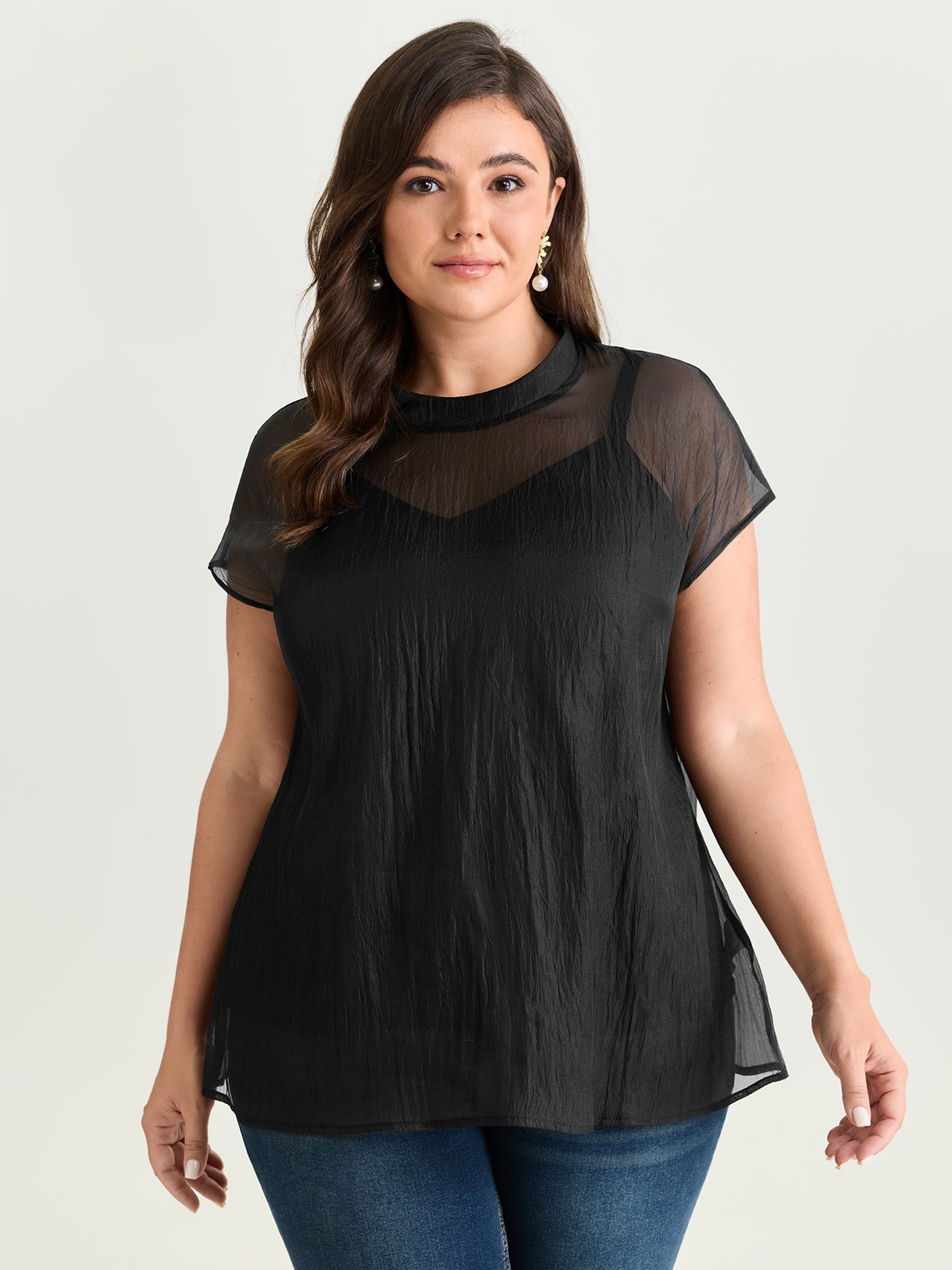 Sheer Mock Neckline Breathable Blouse