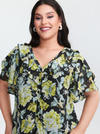 Floral Print Ruffled Edges Blouse
