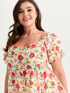 Rose Print Bubble Sleeve Babydoll Blouse