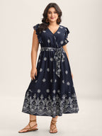 Rayon Stretchy Waist Pockets Flutter Maxi Dress