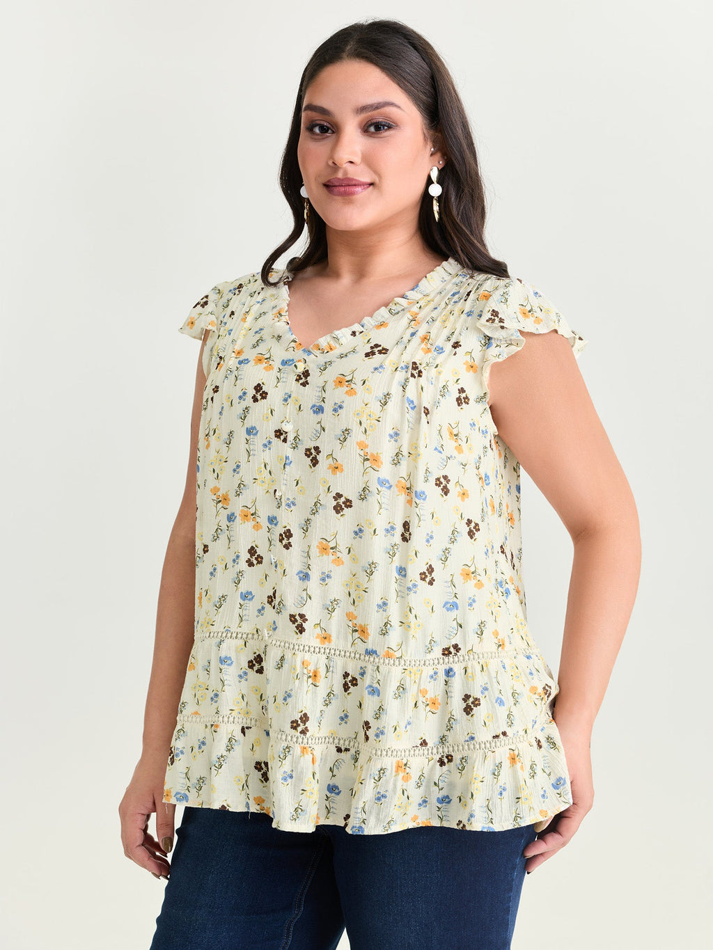 Floral Print Ruffled Detail Lace Blouse