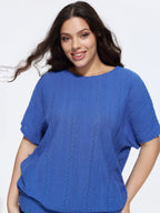 Eyelet Trim Stretchy Textured Plain Top