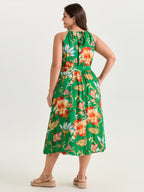 Large Floral Print Halter Neckline Midi Dress
