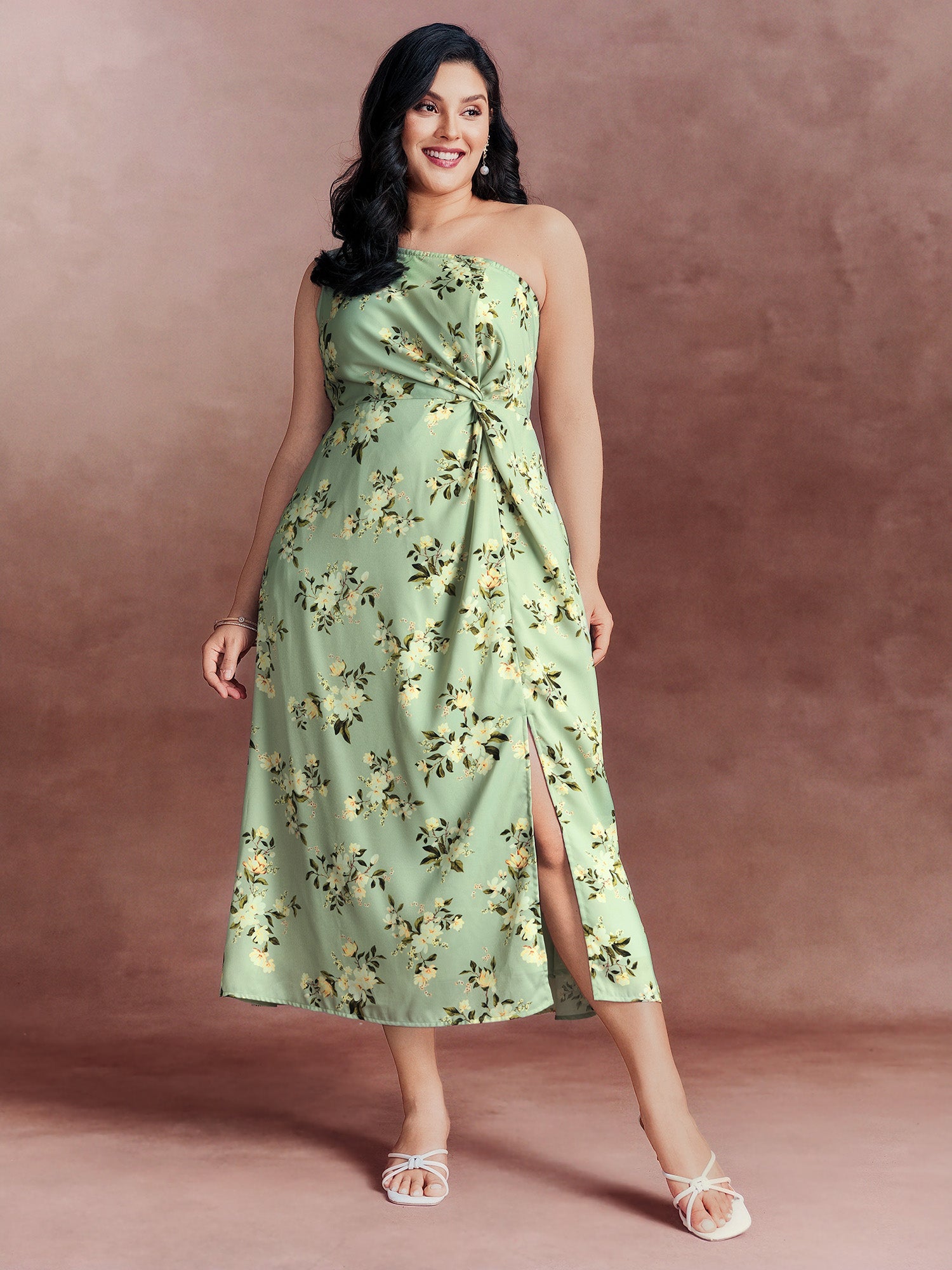 Elegant One-Shoulder Floral Knotted Maxi Dress