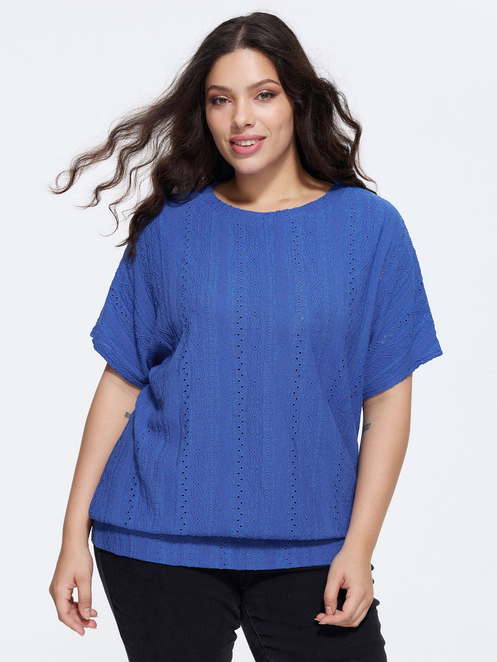 Eyelet Trim Stretchy Textured Plain Top